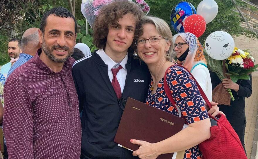Hisham Awartani with his father, Ali Awartani, and mother, Elizabeth Price. On Saturday, Awartani was one of three men of Palestinian descent shot in Burlington, Vermont.