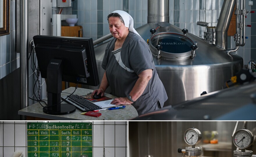 Top: Sister Doris in the brewhouse. Together with one employee the nun runs the small cloister brewery in Mallersdorf. Bottom: Work utensils (left) and pressure gauges in the brewery.