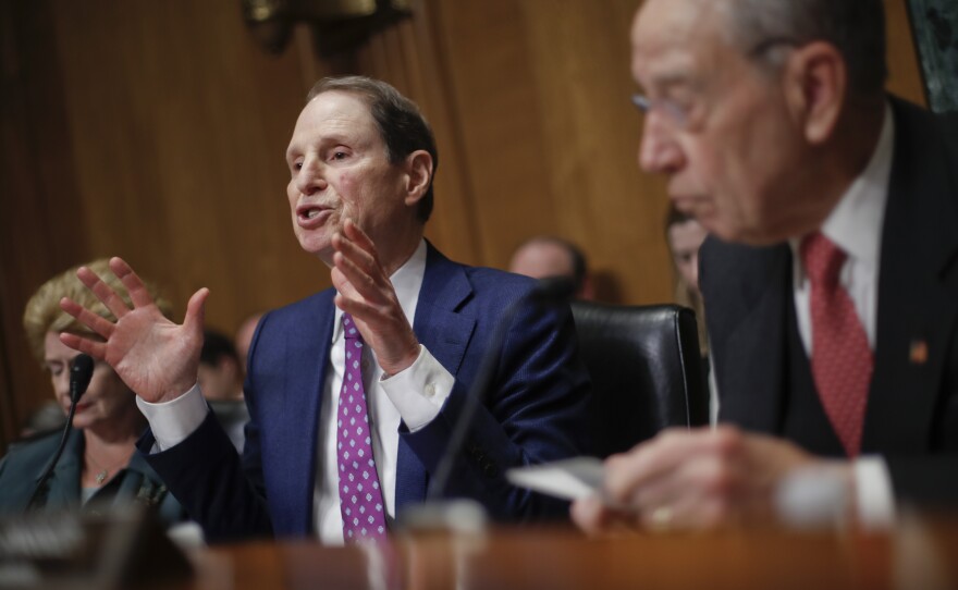 Sen. Ron Wyden, D-Ore., left, and Sen. Chuck Grassley, R-Iowa, right, chairman of the Senate Finance Committee, asked drug company CEOs some tough questions about drug prices on Tuesday during a hearing before the Senate Finance Committee.