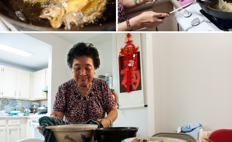 Ni prepares and serves deep-fried yellow croakers and chicken soup with Chinese yams. Seafood was a staple in Ni's hometown of Fuzhou, China. "Rich families would eat fish balls and fish dumplings often," she says. "But our family was not well-off, so we only had those during special festivities like Lunar New Year."