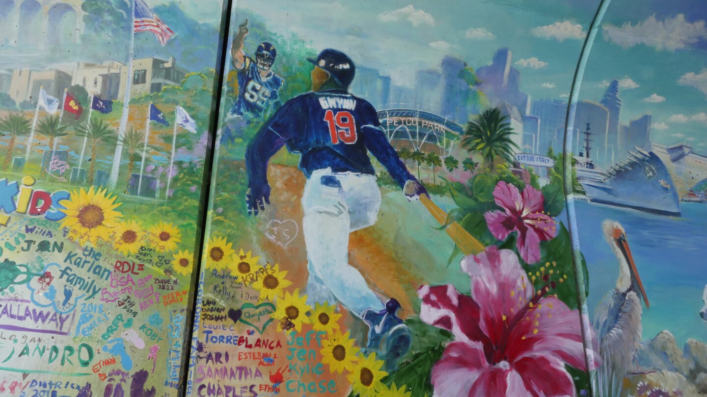 Tony Gwynn makes an appearance in a San Diego mural by Encinitas painter Kevin Anderson, located inside the Civita 72-foot-long pedestrian tunnel in Mission Valley. (Oct. 8, 2024)