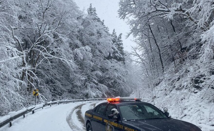 The New York State Police issued warnings to commuters about road conditions following a late spring storm that hit the state overnight.