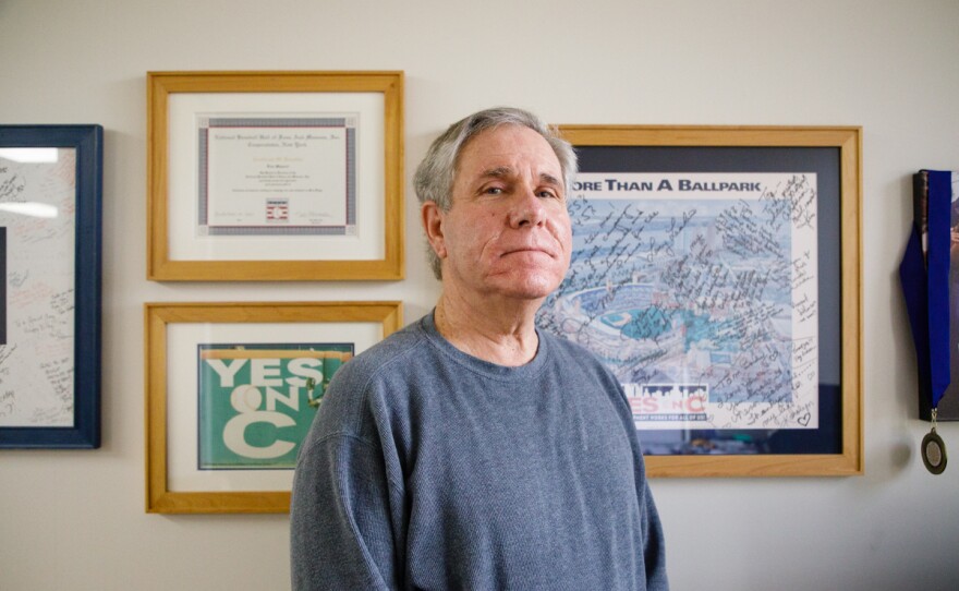 Political consultant Tom Shepard is photographed in his office in San Diego on January 24, 2020. Shepard has worked on a number of political campaings including a 1988 Measure C initiative, which he is he photographed in front of posters from.