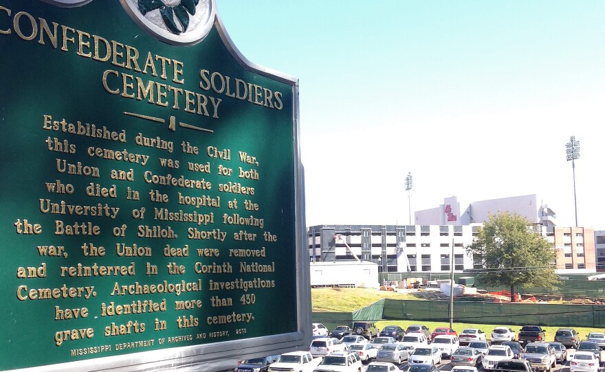 A state historical sign marks the Confederate Soldiers Cemetery on the University of Mississippi campus in Oxford, Miss.