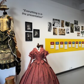 Two dresses are seen in the "Clothes Story" exhibit currently showing at the Mesa College Art Gallery, Sept. 4, 2025.