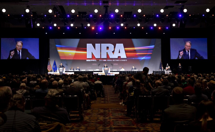 Wayne LaPierre, chief executive officer of the National Rifle Association, speaks during the NRA's annual meeting in Indianapolis on April 27, 2019. The group has since canceled its annual gathering in both 2020 and 2021 due to the pandemic.