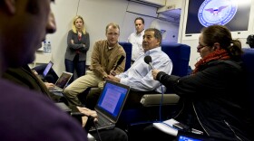 U.S. Defense Secretary Leon E. Panetta briefs the press in flight to Lisbon, Portugal, Jan. 14, 2013. 