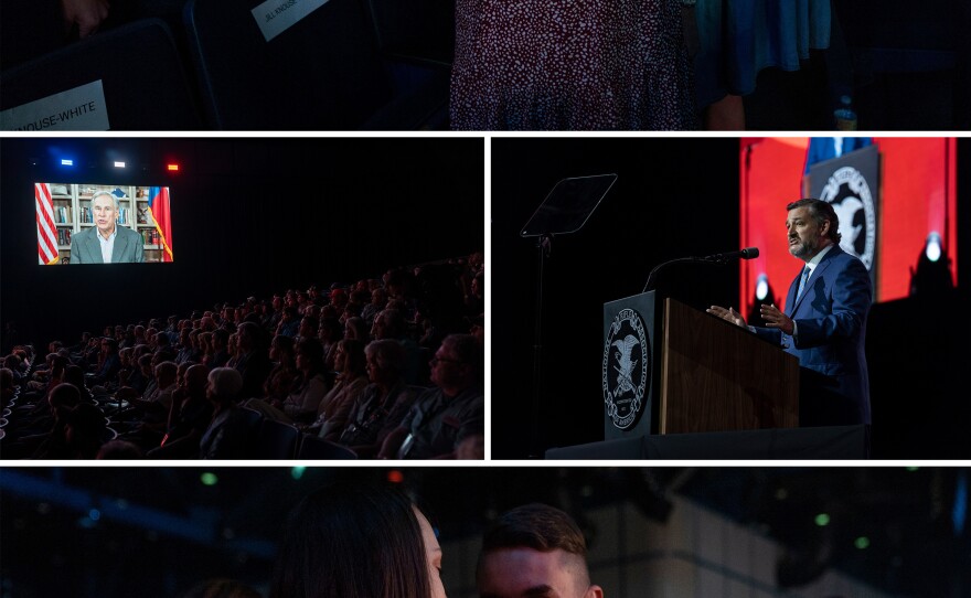 People listen to the national anthem during a speakers event at the NRA Annual Meetings & Exhibits. Texas Gov. Greg Abbott and Sen. Ted Cruz were among the speakers.