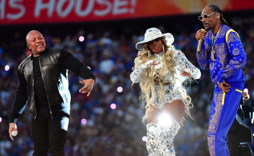 Dr. Dre, Mary J. Blige and Snoop Dogg perform during the halftime show of Super Bowl 56.
