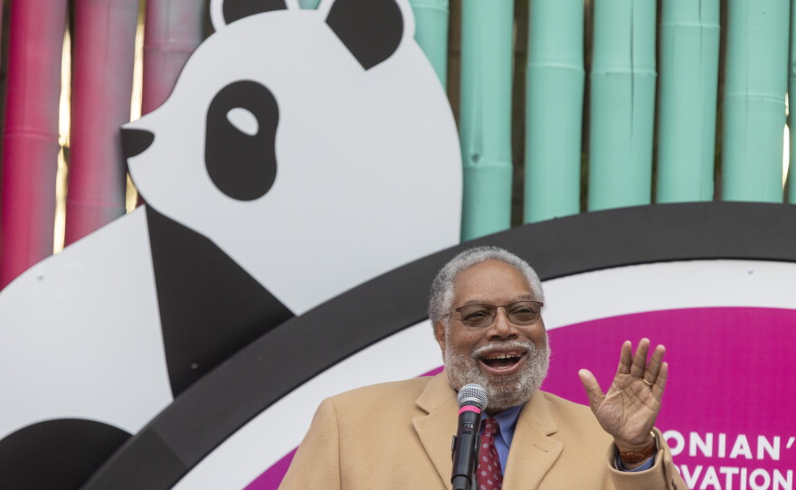 Secretary Lonnie G. Bunch III, who resigned as head of the Smithsonian Institution Tuesday, makes remarks at an opening ceremony introducing the public to the new giant pandas, Bao Li and Qing Bao, at the National Zoo on Jan 24, 2025. 