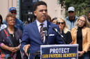 Shane Harris, a civil rights activist and graduate of San Pasqual Academy, speaks outside the San Diego County Administration Center on Monday, May 18, 2026.