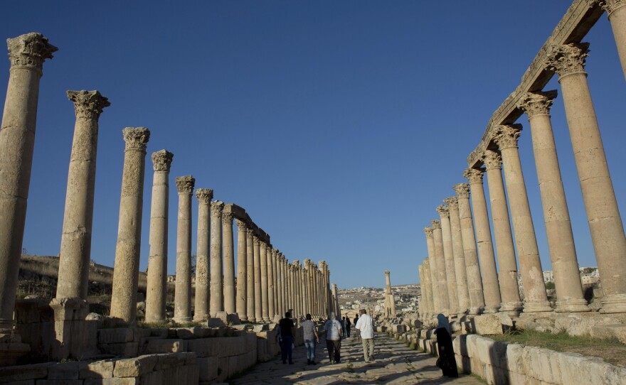 Jerash is famous for its well-preserved Greco-Roman columns, seen here on the ancient Jordanian city's main street.