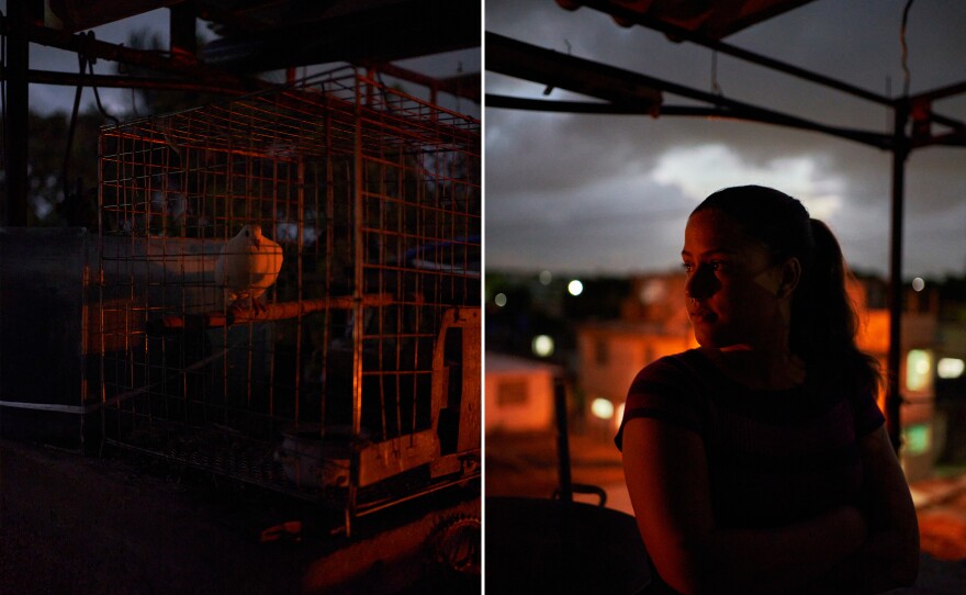 <strong>Left:</strong> A bird in a cage on the roof of the house where Maidel used to live with her sister, Laura, and her family in Guanabacoa, Cuba. <strong>Right:</strong> Laura, Maidel's sister, on the roof of the house.