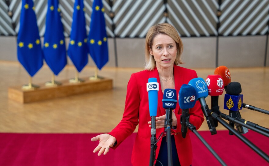 European Union foreign policy chief Kaja Kallas speaks with the media as she arrives for a meeting of EU foreign ministers at the European Council building in Brussels, Monday, May 11, 2026.