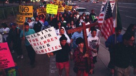 About 200 demonstrators protesting Proposition 187 march along Senter Road in San Jose, October 25, 1994.