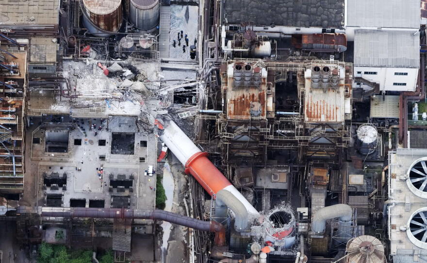 This aerial image shows a damaged chimney of the Nippon Paper Industries Co.'s Yatsushiro factory, following an earthquake in Yatsushiro, Kumamoto Prefecture, Wednesday, July 29, 2026.