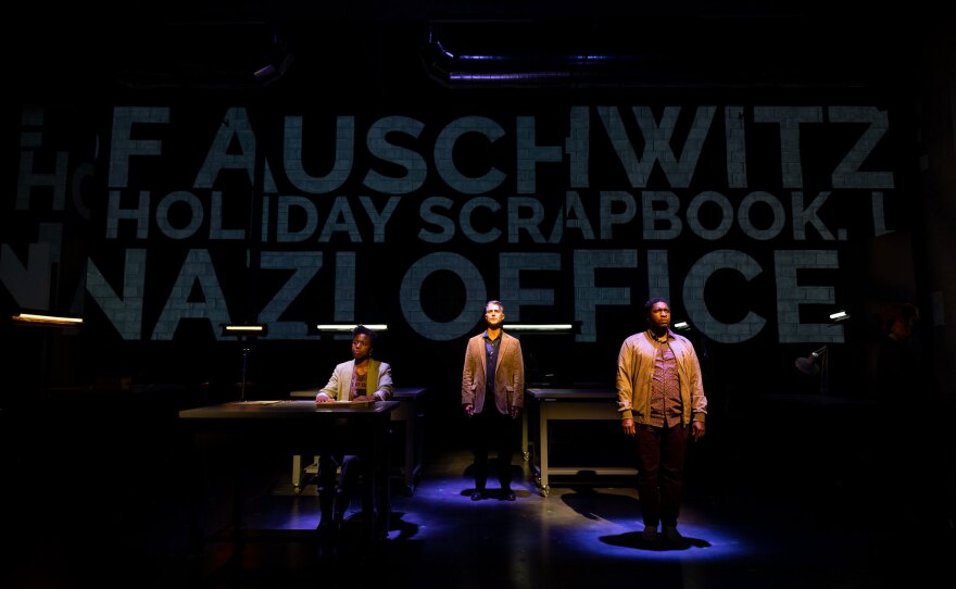 Frances Uku, Scott Barrow and Charles Browning are shown in an undated production photo of La Jolla Playhouse and Tectonic Theater Project’s "Here There Are Blueberries."