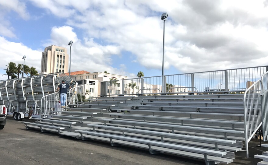 Grandstand bleachers sit on Harbor Drive near Waterfront Park downtown for the 31st Annual San Diego Veterans Day Parade, Nov. 10, 2017.