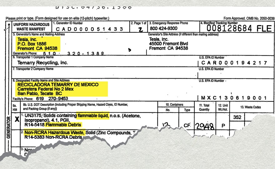 A shipping manifest shows a load of hazardous waste to Temarry from one of the company’s biggest customers in recent years — Tesla.