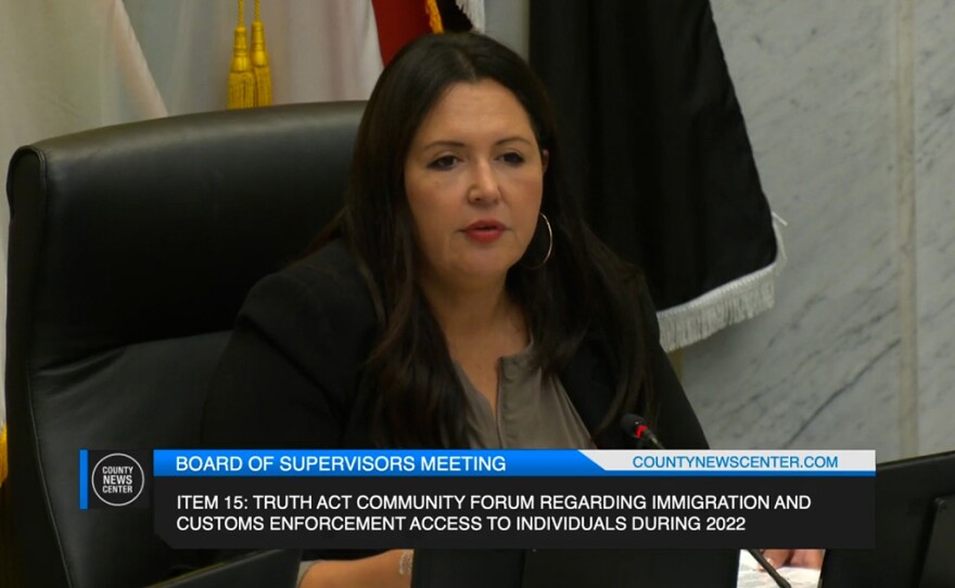 In this screenshot San Diego County Board of Supervisors Chair Nora Vargas addresses a disruptive public speaker on Oct. 24, 2023.