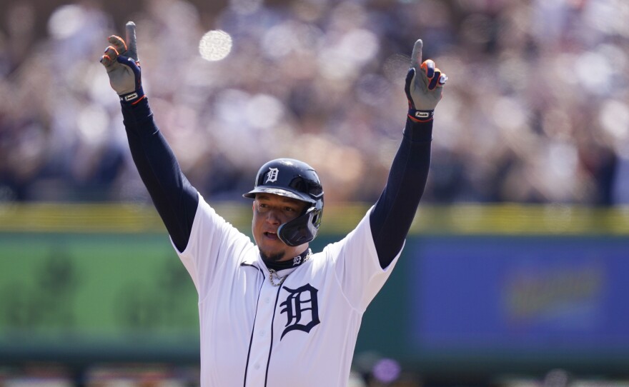 Detroit Tigers designated hitter Miguel Cabrera reacts after his 3,000th career hit during the first inning of the first baseball game of a doubleheader against the Colorado Rockies, on Saturday.