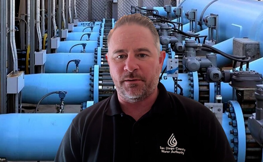 San Diego County Water Authority General Manager Dan Denham is shown in a zoom interview on February 27, 2026.