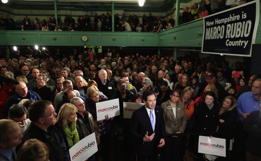 Marco Rubio is interviewed on live television before holding a campaign rally in the Exeter Town Hall Tuesday in Exeter, N.H.