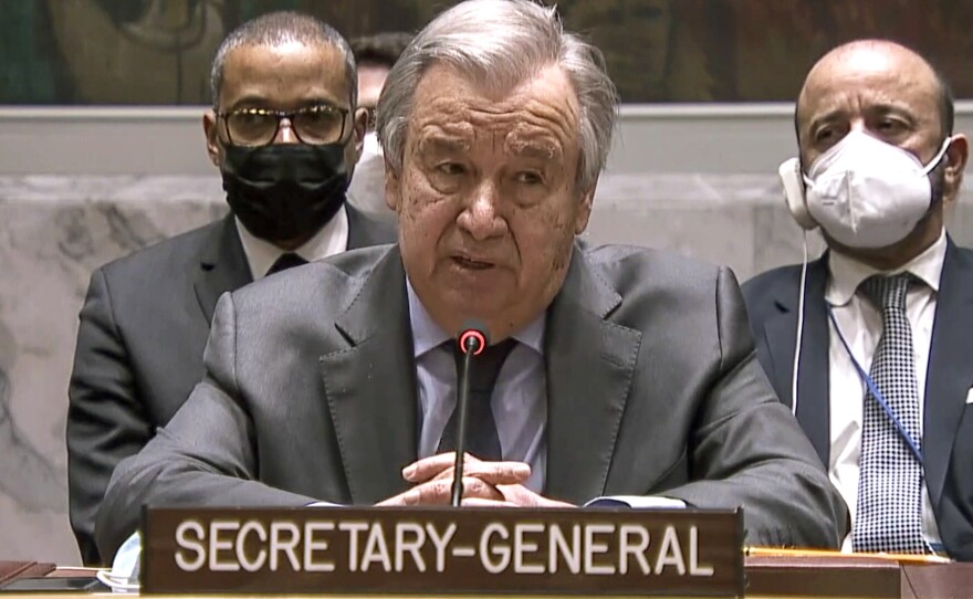 In this image taken from UNTV video, United Nation Secretary-General Antonio Guterres addresses an emergency meeting of the U.N. Security Council on Ukraine to deplore Russia's actions toward the country and plead for diplomacy, Wednesday, Feb. 23, 2022, at U.N. headquarters.