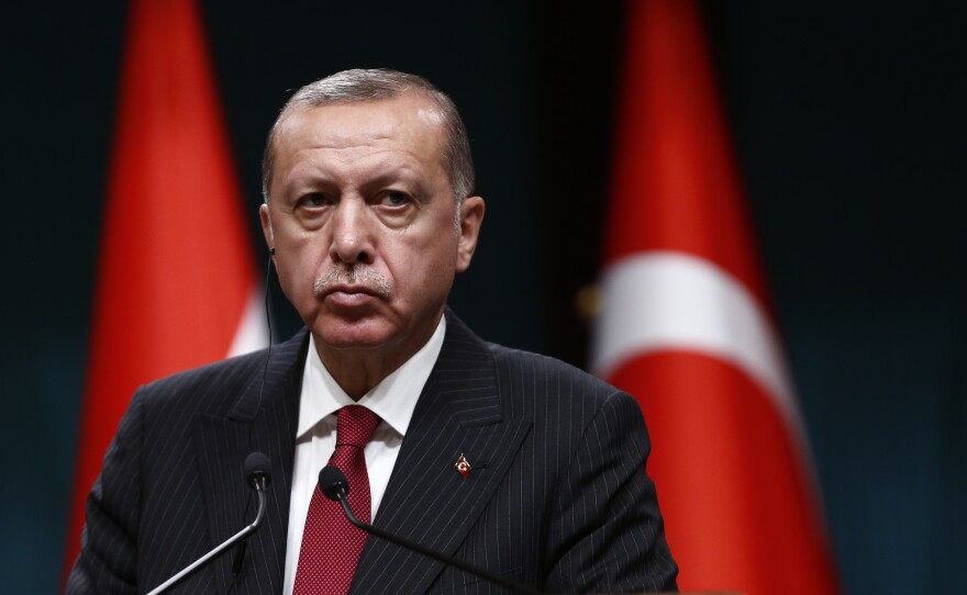 Turkish President Recep Tayyip Erdogan speaks during a news conference Tuesday at the presidential palace in Ankara.