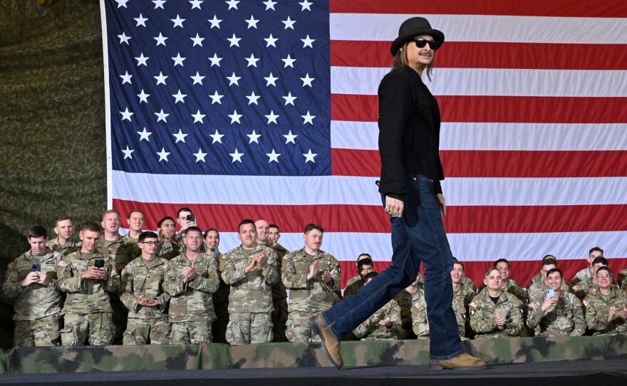 Kid Rock comes on stage to speak and introduce Vice President JD Vance during a visit to Fort Campbell, Ky., Nov. 26, 2025.