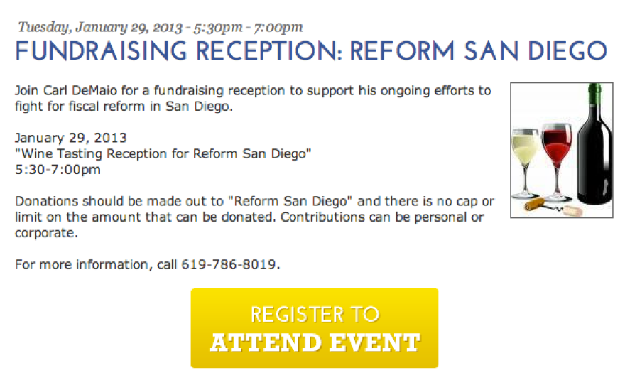 The invitation to Reform San Diego's relaunch fundraiser.