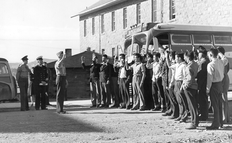 Twenty-nine Navajo recruits, about to be trained as code talkers, arrive at Fort Wingate in April 1942. N.M.