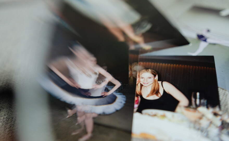 Photos of Dani Bensky from her childhood and teen years sit on her couch. The photo on the right was taken when she was 17, around the time she first met Jeffrey Epstein.