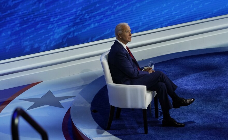 Biden pauses before the start of a town hall with moderator ABC News anchor George Stephanopoulos at the National Constitution Center in Philadelphia on Thursday.
