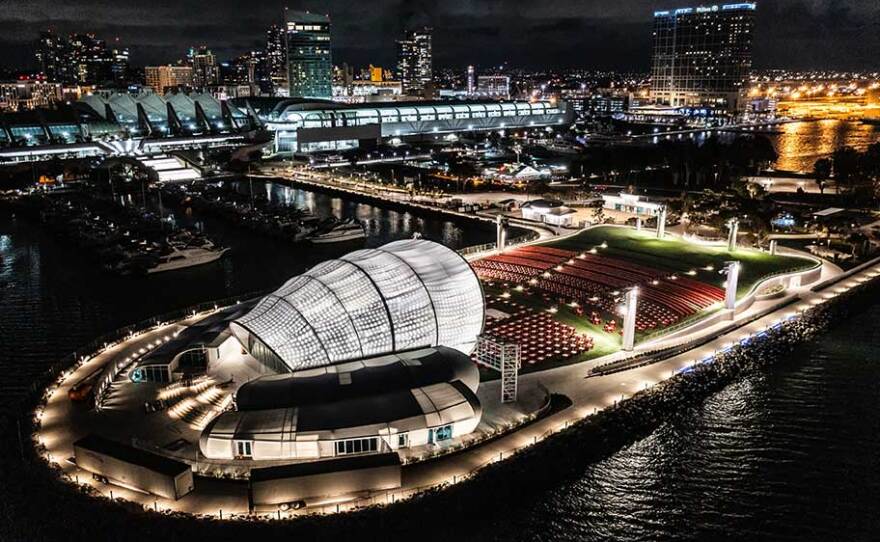 Aerial shot of the Rady Shell at Jacobs Park