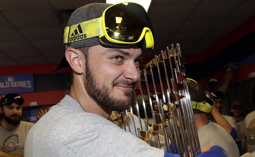 The Chicago Cubs' Kris Bryant celebrating with his teammates after they won the World Series against the Cleveland Indians. The Baseball Writers' Association of America named him the National League Most Valuable Player for 2016.