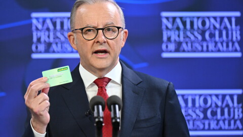 FILE - Australian Prime Minister Anthony Albanese addresses the National Press Club in Canberra, Australia, on, April 30, 2025.