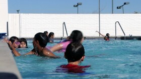 Students from the Escondido Union School District swimming at the newly renovated YMCA Escondido swimming pool, Oct. 16, 2025.
