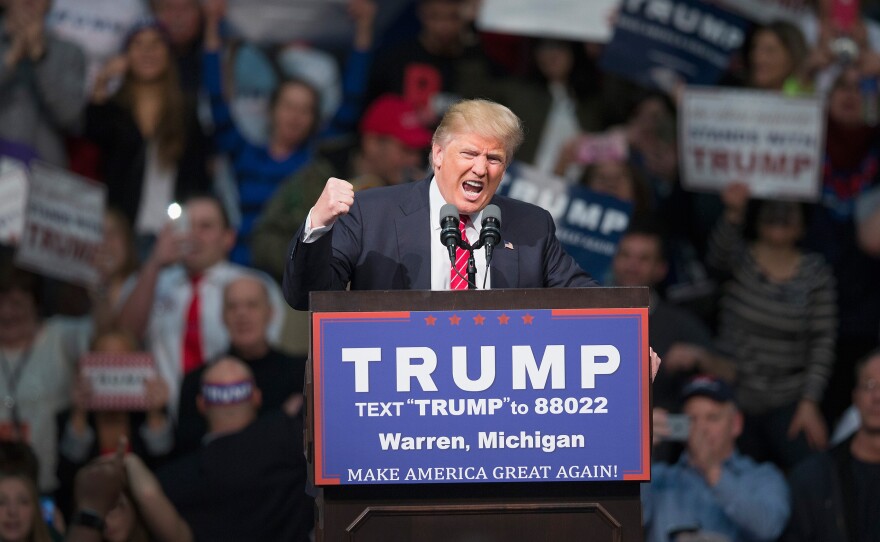 Donald Trump speaks during a rally at Macomb Community College in Michigan.