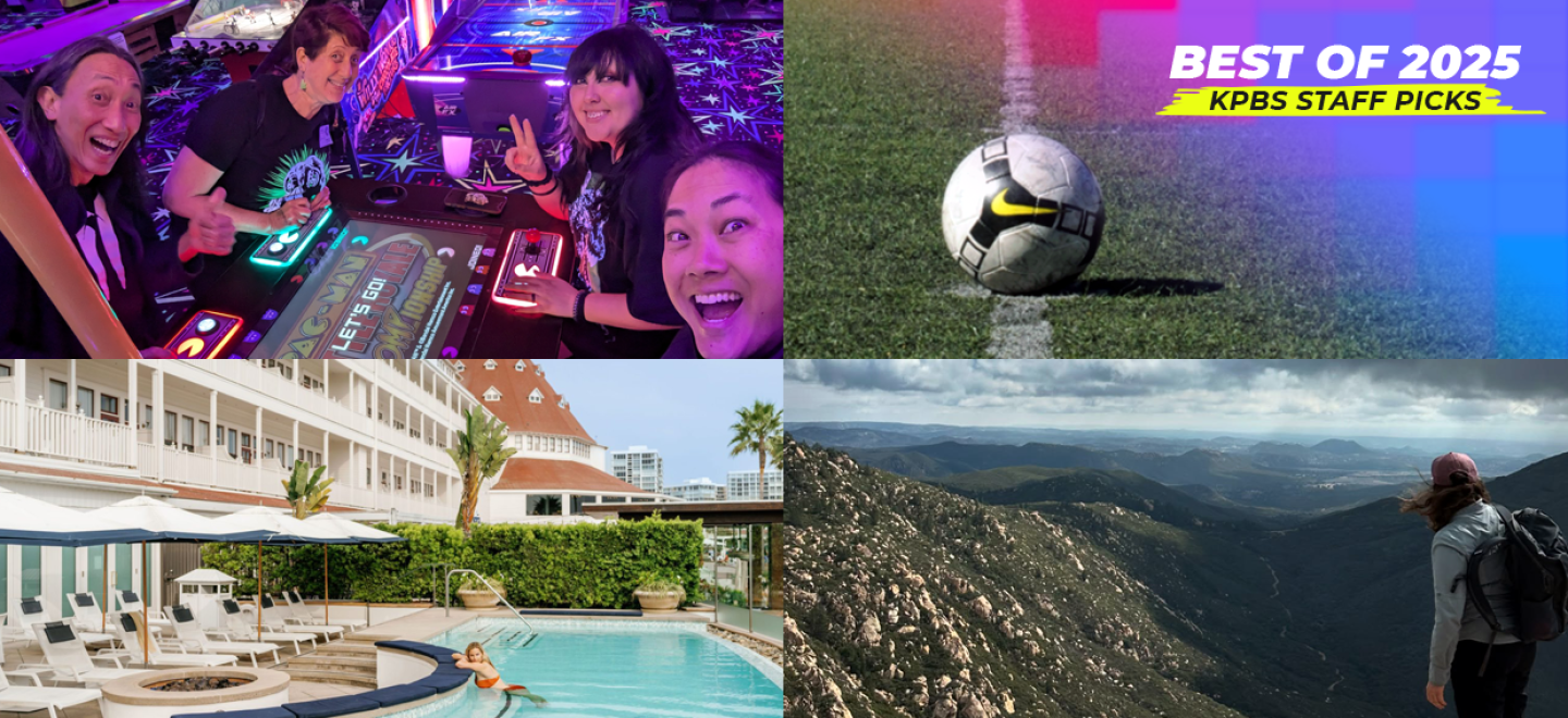 Some of the local places featured on KPBS' Best Wellness and Self-Care of 2025 list are shown. Top row, from left: Arcade Monsters and Sportsplex USA Santee. Bottom row, from left: Hotel del Coronado and Corte Madera Mountain.