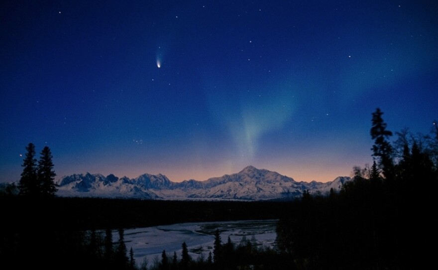 Mt. McKinley sunrise with comet, Northern Lights, interior Alaska's Denali National Park early Spring.