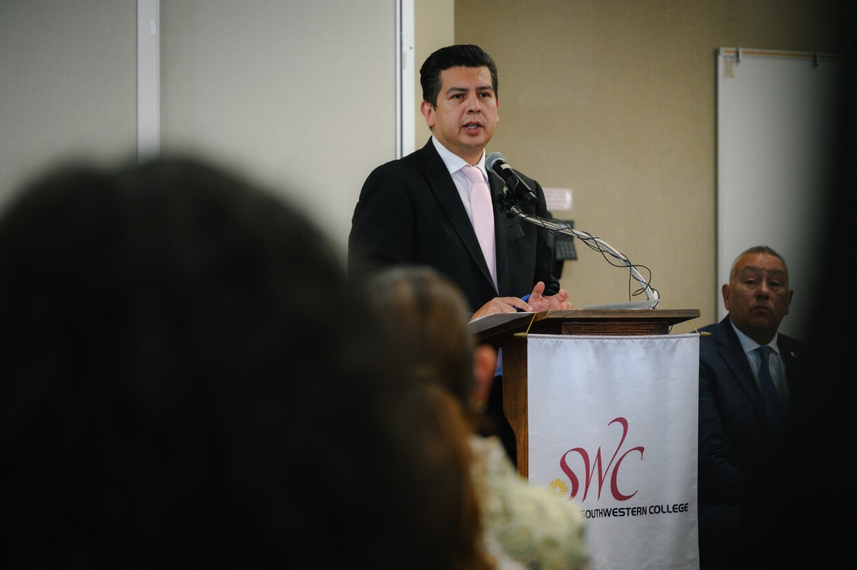 State Assemblymember David Alvarez (D-Chula Vista) speaks during celebration of AB 91, which makes low-income community college students who live in the border region of Baja California eligible for in-state tuition at community colleges in San Diego and Imperial County, at Southwestern College in Chula Vista on October 21, 2024.