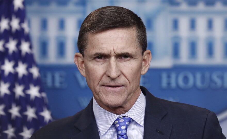 In this Feb. 1, 2017, photo, then - national security adviser Michael Flynn speaks during the daily news briefing at the White House.