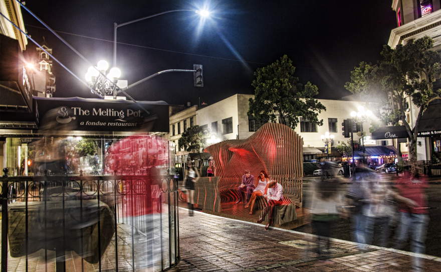 A rendering of "Contoured Curves," one of the three finalists for a city of San Diego competition to design a mobile parklet.