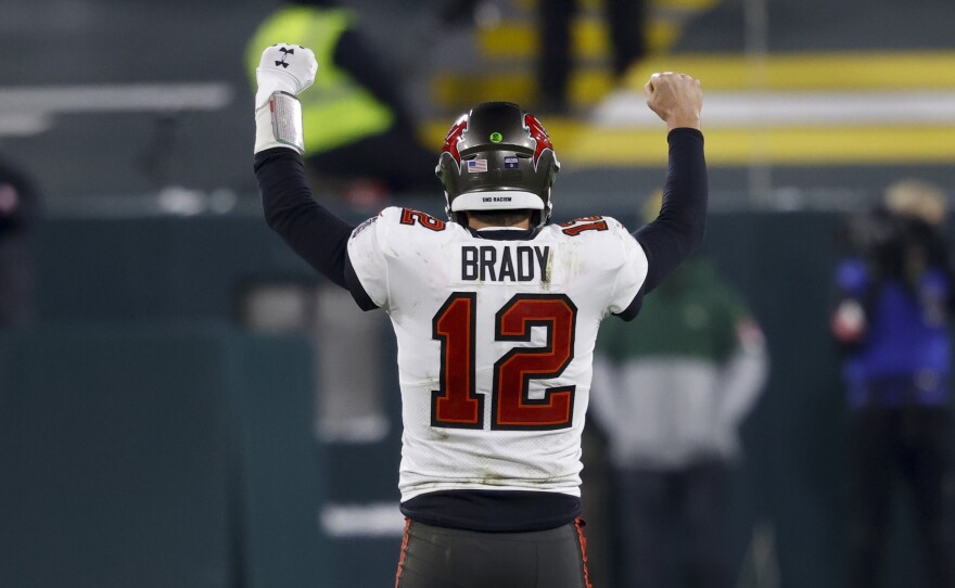 Tampa Bay Buccaneers quarterback Tom Brady reacts after winning the NFC championship against the Green Bay Packers in Green Bay, Wis., on Sunday. The Buccaneers will meet AFC champions Kansas City Chiefs Feb. 7 in Super Bowl LV.
