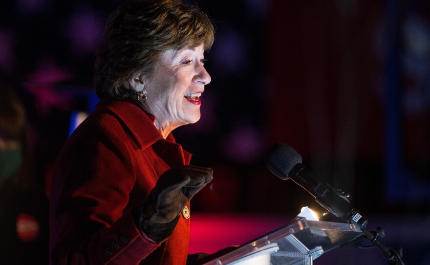 Republican Sen. Susan Collins delivers election night remarks to supporters and staff on Nov. 3 in Bangor, Maine. Collins was down by 4 points in an average of polls before Election Day but won by 9 percentage points.
