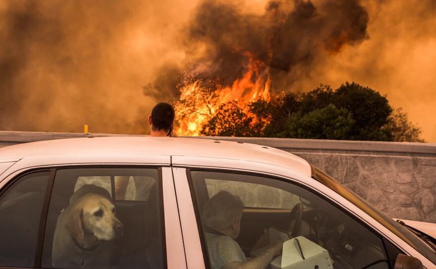 Residents of the community of Tujunga, Calif., flee a fire near Burbank on Sept. 2. Even people much farther from the flames are feeling health effects from acrid smoke.