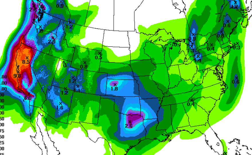 A weather map showing a rain forecast for the next seven days.