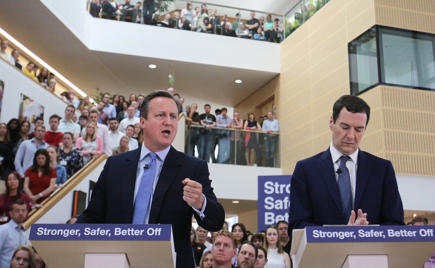 Prime Minister David Cameron and Chancellor of the Exchequer George Osborne deliver a speech on the potential economic impact to the U.K. of leaving the EU, at a B&Q Store Support Office, on May 23, 2016, in Chandler's Ford, England.