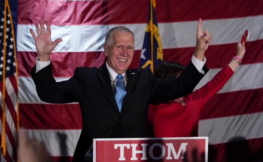 Sen. Thom Tillis, R-N.C., celebrates at a election night rally in Mooresville, N.C., but it took several days in the tight race before Democrat Cal Cunningham conceded. The Associated Press has not yet called the race.